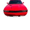 Red Dodge Challenger car front view.